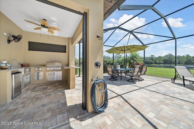 4464 Preservation Cir, Melbourne, FL 32934 - view of patio / terrace with exterior kitchen, ceiling fan, outdoor dining area, and a lanai