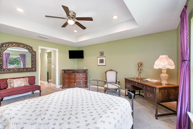 950 Douglas St SE, Palm Bay, FL 32909 - bedroom with carpet flooring, recessed lighting, a tray ceiling, and ceiling fan