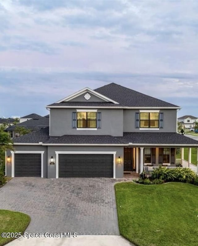 3268 Alandi Dr, Melbourne, FL 32940 - view of front of home with a porch, decorative driveway, a front yard, stucco siding, and an attached garage