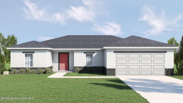 471 La Gorce St, Palm Bay, FL 32908 - ranch-style house with concrete driveway, a garage, stucco siding, a front lawn, and roof with shingles