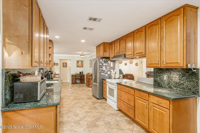 475 Atz Rd, Malabar, FL 32950 - kitchen with white range with electric cooktop, freestanding refrigerator, ornamental molding, under cabinet range hood, and backsplash