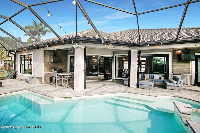7354 Lucaya Ct, Melbourne, FL 32940 - outdoor pool featuring a patio, an outdoor living space, glass enclosure, ceiling fan, and area for grilling