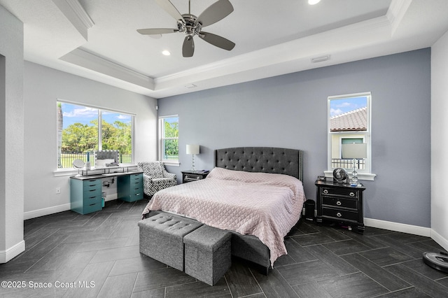4554 Preservation Cir, Melbourne, FL 32934 - bedroom with a tray ceiling, ornamental molding, recessed lighting, and ceiling fan