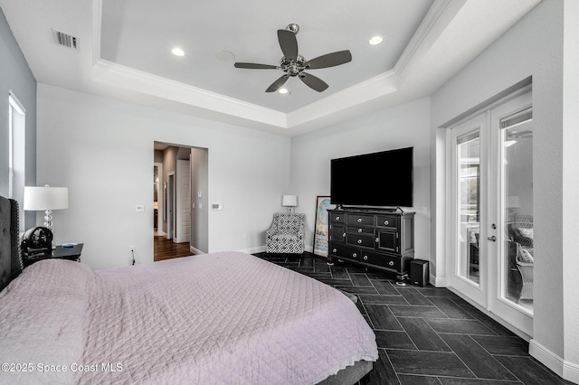 4554 Preservation Cir, Melbourne, FL 32934 - bedroom with access to outside, a raised ceiling, crown molding, recessed lighting, and ceiling fan