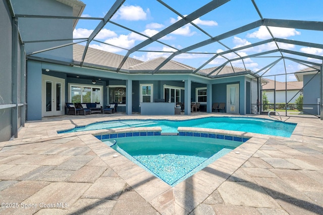 4554 Preservation Cir, Melbourne, FL 32934 - view of pool featuring french doors, an outdoor living space, a pool with connected hot tub, a patio, and ceiling fan