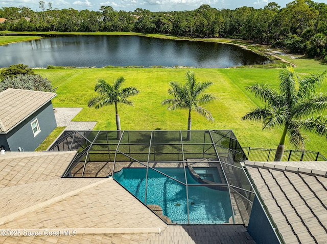 4554 Preservation Cir, Melbourne, FL 32934 - view of swimming pool featuring a water view, a patio area, and glass enclosure