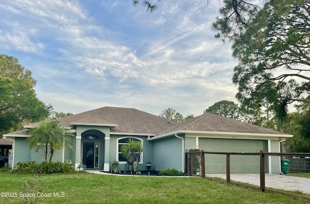 3601 Oneida St, Cocoa, FL 32926 - ranch-style house featuring stucco siding, an attached garage, concrete driveway, a front yard, and a shingled roof