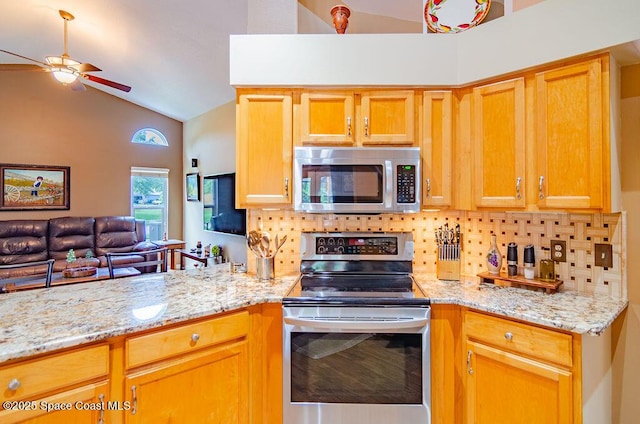 4204 Long Leaf Dr, Melbourne, FL 32940 - kitchen with stainless steel appliances, tasteful backsplash, a ceiling fan, open floor plan, and light stone countertops