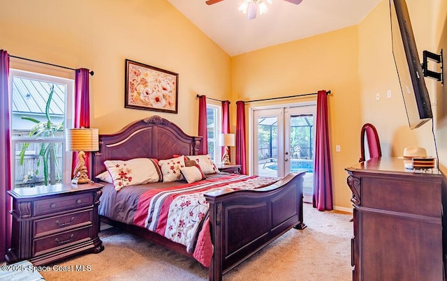 4204 Long Leaf Dr, Melbourne, FL 32940 - bedroom with french doors, vaulted ceiling, access to outside, light colored carpet, and a ceiling fan