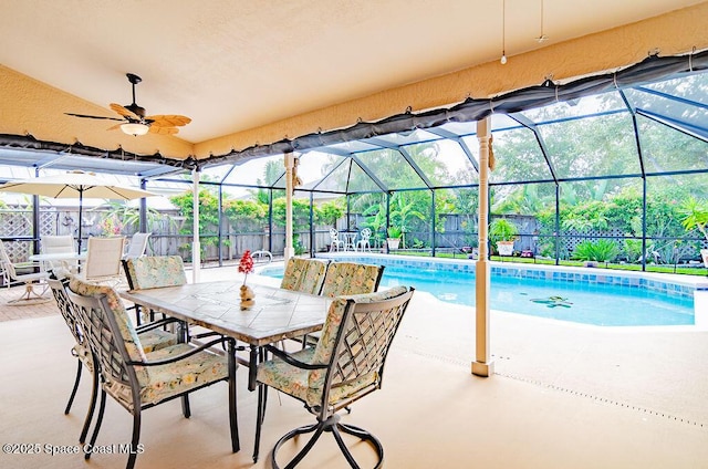 4204 Long Leaf Dr, Melbourne, FL 32940 - view of swimming pool with a patio, a fenced backyard, glass enclosure, and outdoor dining area