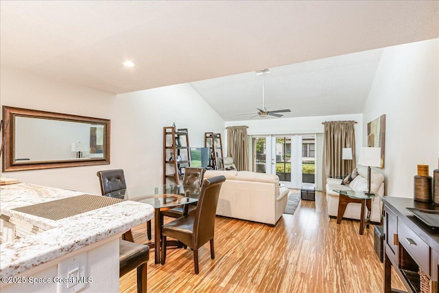 443 Hawthorne Ct, Indian Harbour Beach, FL 32937 - dining space with light wood-type flooring, vaulted ceiling, french doors, ceiling fan, and recessed lighting