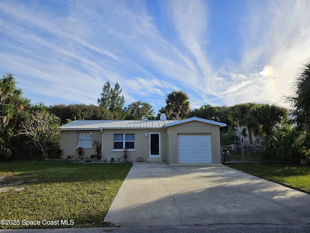 109 Fontaine St, Melbourne Beach, FL 32951 - single story home featuring stucco siding, an attached garage, a metal roof, driveway, and a standing seam roof