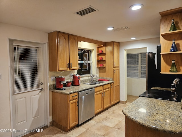 109 Fontaine St, Melbourne Beach, FL 32951 - kitchen featuring open shelves, dishwasher, brown cabinetry, recessed lighting, and light stone countertops