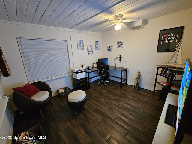 109 Fontaine St, Melbourne Beach, FL 32951 - office area with wood finished floors, a ceiling fan, a wall mounted air conditioner, wood ceiling, and ornamental molding
