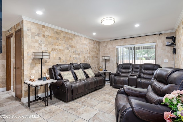 716 Endicott Rd, Melbourne, FL 32940 - living area with ornamental molding, tile walls, and recessed lighting
