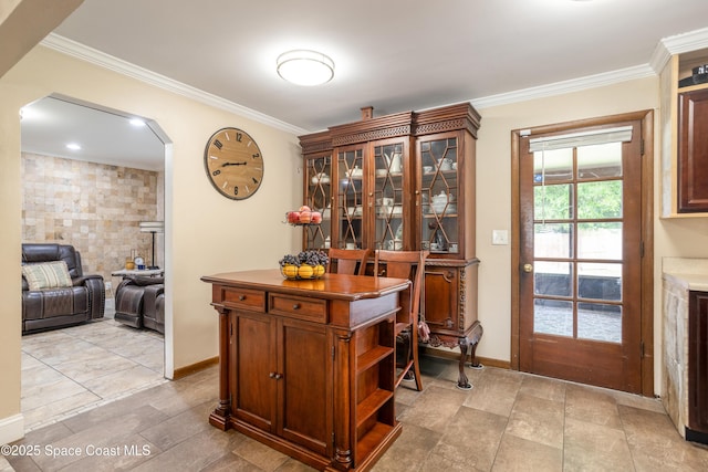 716 Endicott Rd, Melbourne, FL 32940 - bar featuring crown molding and arched walkways