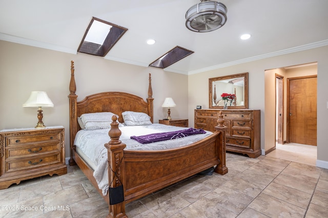 716 Endicott Rd, Melbourne, FL 32940 - bedroom with a skylight, ornamental molding, and recessed lighting