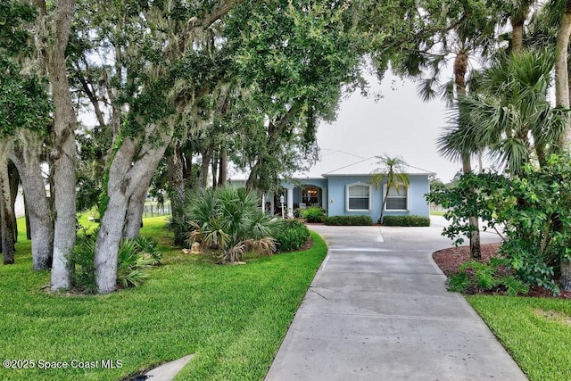 770 S Easy St, Sebastian, FL 32958 - view of front of house featuring curved driveway, a front yard, and stucco siding