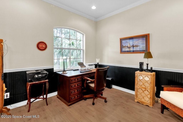 770 S Easy St, Sebastian, FL 32958 - office with a wainscoted wall, light wood-style flooring, and ornamental molding
