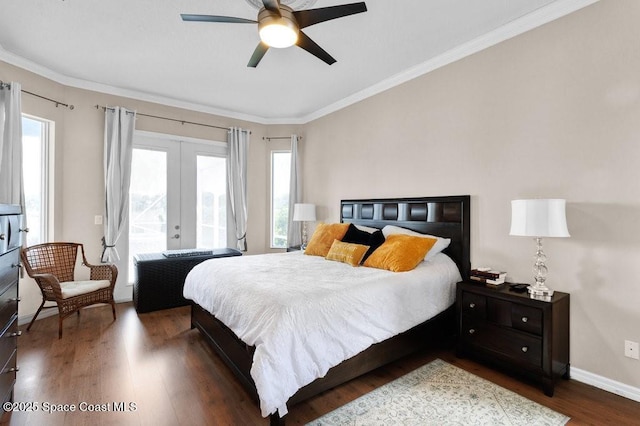 770 S Easy St, Sebastian, FL 32958 - bedroom featuring french doors, wood finished floors, crown molding, access to exterior, and ceiling fan