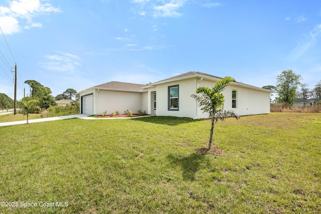 2181 Wagonwheel Ave SE, Palm Bay, FL 32909 - view of side of property with a garage, driveway, stucco siding, and a lawn
