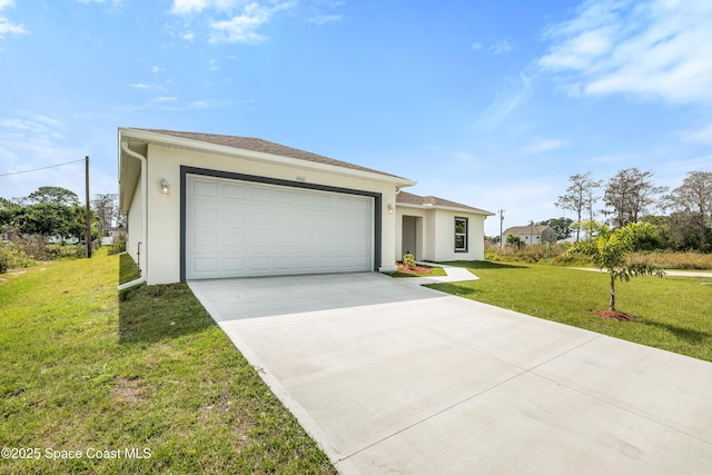 2181 Wagonwheel Ave SE, Palm Bay, FL 32909 - view of front facade with driveway, a front yard, an attached garage, and stucco siding
