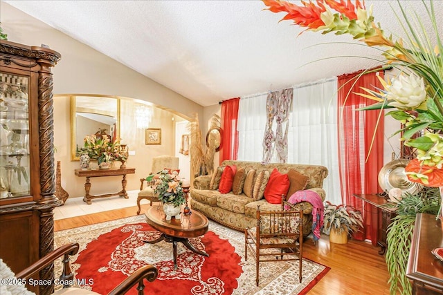 2595 Diane Ave SE, Palm Bay, FL 32909 - living area with arched walkways, wood finished floors, lofted ceiling, and a textured ceiling