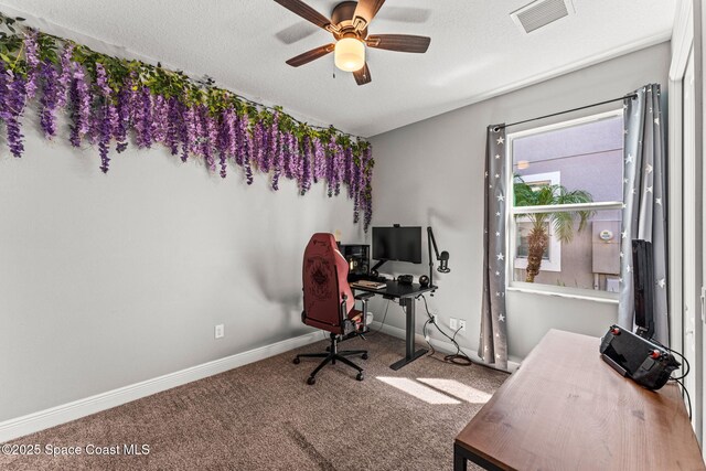 2920 Casterton Dr, Melbourne, FL 32940 - office with carpet floors, ceiling fan, and a textured ceiling