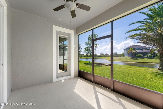 2920 Casterton Dr, Melbourne, FL 32940 - unfurnished sunroom with a water view and a ceiling fan