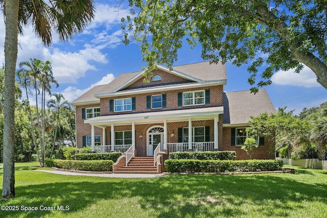 1407 Rockledge Dr, Rockledge, FL 32955 - view of front of house with brick siding, a front yard, and covered porch