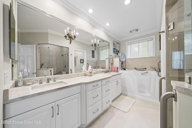 1407 Rockledge Dr, Rockledge, FL 32955 - full bath featuring crown molding, a stall shower, a bath, double vanity, and tile patterned flooring