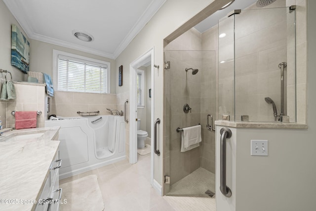 1407 Rockledge Dr, Rockledge, FL 32955 - bathroom featuring crown molding, a shower stall, a bath, vanity, and tile patterned flooring