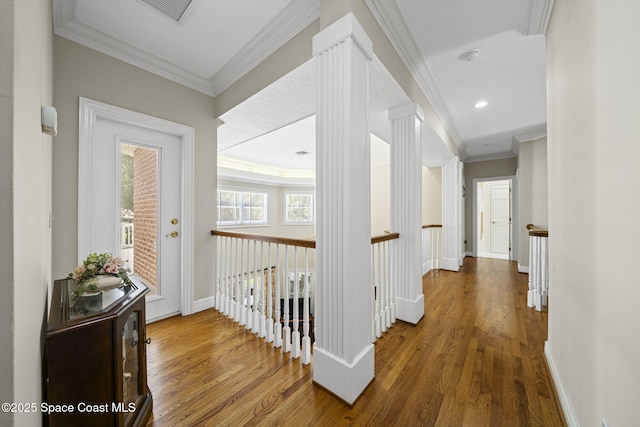 1407 Rockledge Dr, Rockledge, FL 32955 - hallway featuring wood finished floors, ornamental molding, and recessed lighting