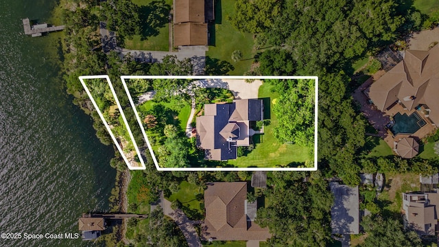 1407 Rockledge Dr, Rockledge, FL 32955 - aerial perspective of suburban area with property parcel outlined and a nearby body of water