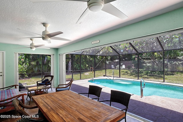 112 Carmen St, Melbourne Beach, FL 32951 - outdoor pool featuring a ceiling fan, a patio, outdoor dining area, and a lanai