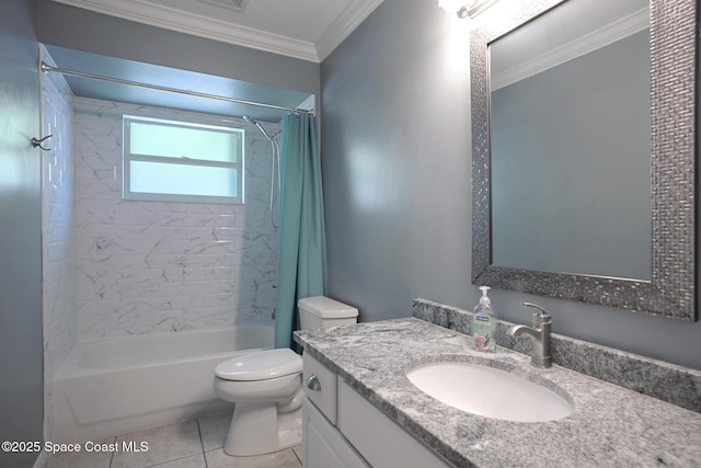 112 Carmen St, Melbourne Beach, FL 32951 - bathroom with shower / bath combo with shower curtain, vanity, tile patterned flooring, and crown molding