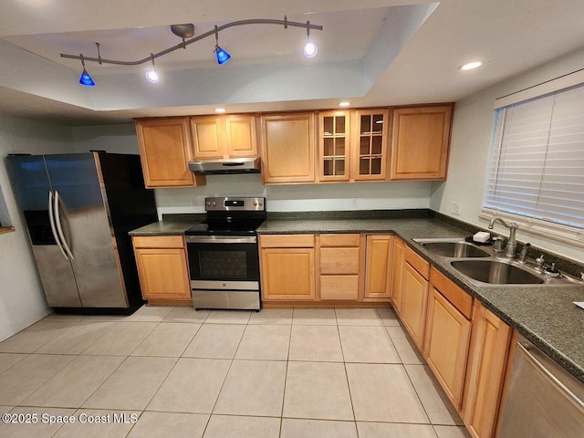 5807 N Atlantic Ave Unit 322, Cape Canaveral, FL 32920 - kitchen featuring stainless steel appliances, under cabinet range hood, dark countertops, and recessed lighting