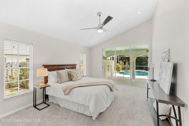 174 Martesia Way, Indian Harbour Beach, FL 32937 - bedroom with access to outside, carpet flooring, multiple windows, ceiling fan, and high vaulted ceiling