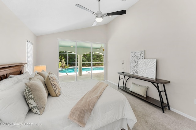 174 Martesia Way, Indian Harbour Beach, FL 32937 - carpeted bedroom with vaulted ceiling, access to exterior, and a ceiling fan