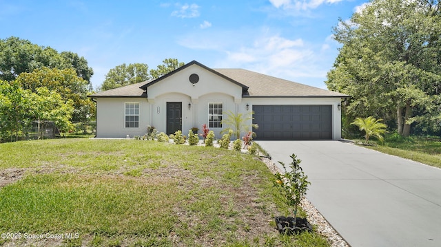 160 Eureka Ave NE, Palm Bay, FL 32907 - single story home featuring an attached garage, driveway, a front lawn, stucco siding, and a shingled roof