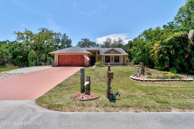 5505 95th St, Sebastian, FL 32958 - ranch-style house featuring a garage, concrete driveway, a front lawn, and stucco siding