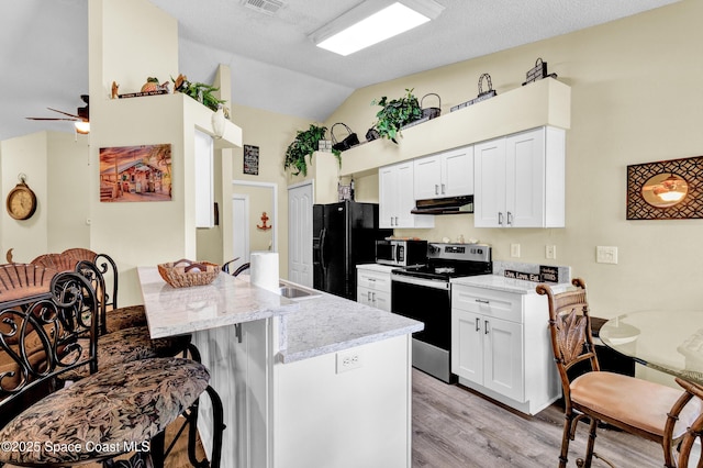 5505 95th St, Sebastian, FL 32958 - kitchen featuring stainless steel appliances, under cabinet range hood, lofted ceiling, light wood finished floors, and ceiling fan