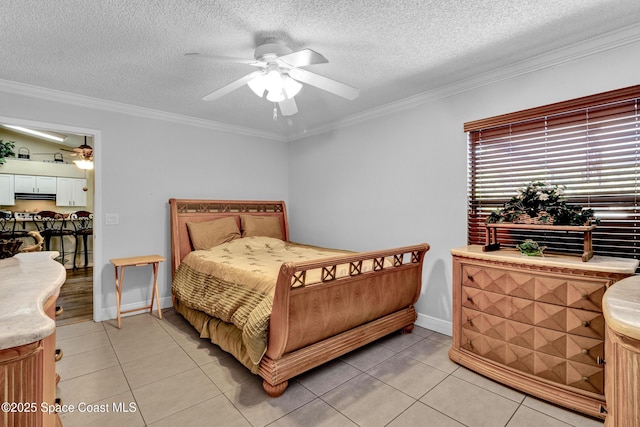 5505 95th St, Sebastian, FL 32958 - bedroom featuring light tile patterned floors, crown molding, a textured ceiling, and a ceiling fan