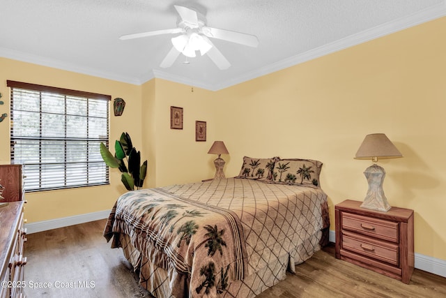 5505 95th St, Sebastian, FL 32958 - bedroom with wood finished floors, crown molding, ceiling fan, and a textured ceiling