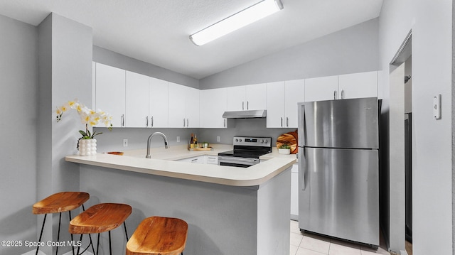 1880 Long Iron Dr Unit 1322, Rockledge, FL 32955 - kitchen featuring appliances with stainless steel finishes, under cabinet range hood, lofted ceiling, light countertops, and a peninsula