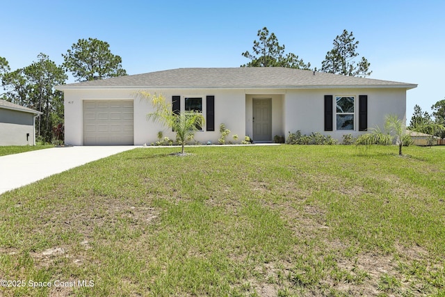 417 Reading St SE, Palm Bay, FL 32909 - ranch-style house with driveway, stucco siding, an attached garage, and a front yard