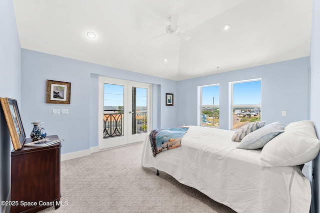 2375 S Atlantic Ave Unit 601, Cocoa Beach, FL 32931 - bedroom with access to exterior, carpet floors, lofted ceiling, a ceiling fan, and recessed lighting