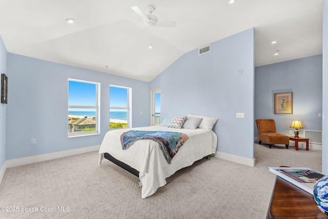 2375 S Atlantic Ave Unit 601, Cocoa Beach, FL 32931 - carpeted bedroom featuring vaulted ceiling, a ceiling fan, a water view, and recessed lighting