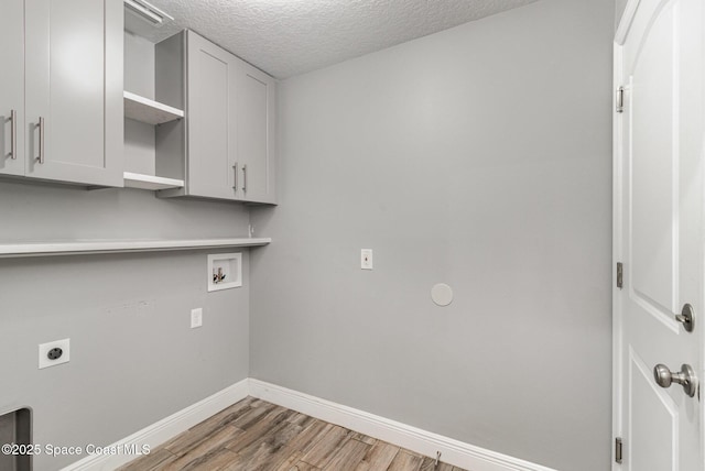 3735 Crista Jean Ave, Grant-Valkaria, FL 32909 - laundry area featuring cabinet space, electric dryer hookup, wood finished floors, a textured ceiling, and washer hookup