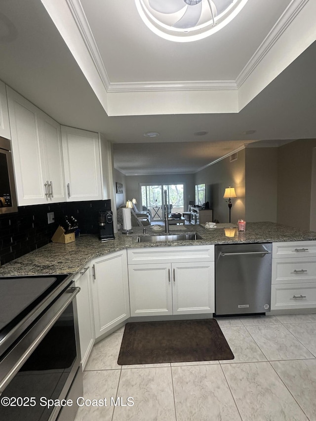 3210 N Harbor City Blvd Unit 316, Melbourne, FL 32935 - kitchen featuring appliances with stainless steel finishes, a raised ceiling, white cabinets, stone counters, and ornamental molding